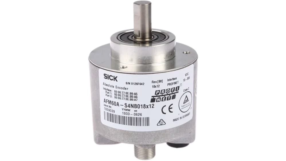 Энкодер абсолютный многоборотный SICK AFM60A-S4NB018X12, интерфейс PROFINET, 18-битное разрешение (262144 шагов на оборот), 12-битное число оборотов (4096), вал 10 мм, питание 10–30 В DC, степень защиты IP65/IP67.