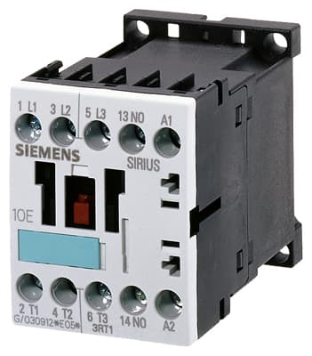 Контактор Siemens 3RT1016-1AB01, 3-полюсный, 9 А, 4 кВт при 400 В, катушка управления 24 В AC, 1 НО контакт, типоразмер S00, винтовые клеммы