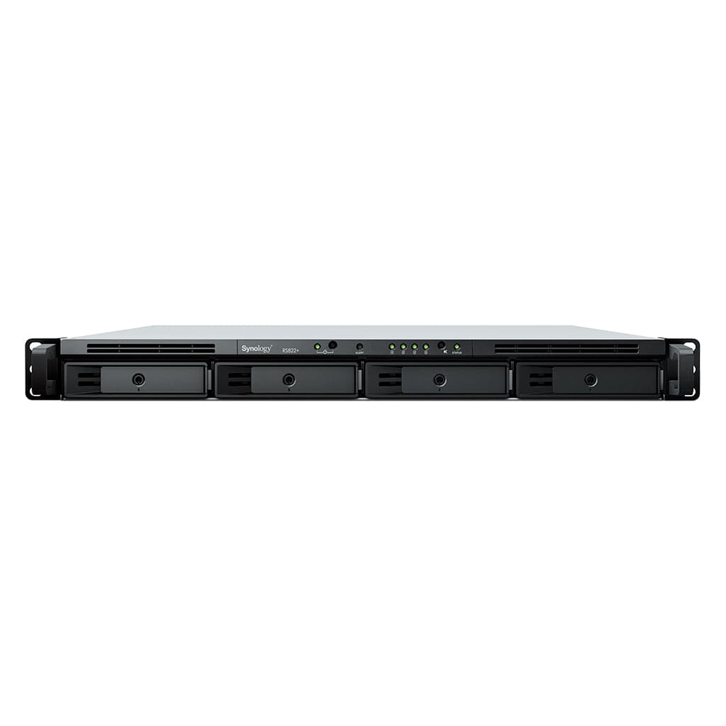 Сетевое хранилище Synology RS822+, 4 отсека 2.5"/3.5", AMD Ryzen V1500B 2.2 ГГц, 2 ГБ DDR4 ECC, 4×1 Гбит/с LAN, 2×USB 3.2, eSATA, 1U, без дисков