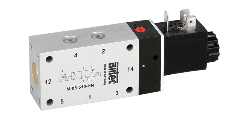 Электромагнитный клапан Airtec ME-07-511-HN-142, 5/2-ходовой, с механической пружиной возврата, номинальный размер 9 мм, соединение G1/4, напряжение питания 24 В DC, степень защиты IP65