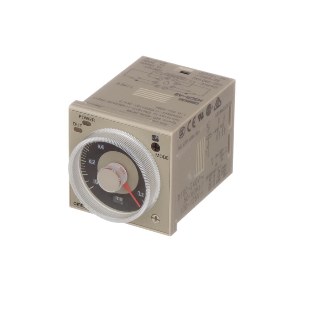 Реле времени Omron H3CR-F 100-240AC/100-125DC, 2 переключающих контакта (DPDT), диапазон времени 0,05 с – 30 ч, напряжение питания 100–240 В AC/100–125 В DC.