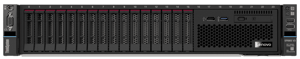 Сервер Lenovo ThinkSystem SR665 V3 с процессором AMD EPYC 9654, 256GB RAM, 480GB M.2 SSD, 16x 2.5" отсеками для дисков, с поддержкой PCIe 4.0, OCP 3.0 и интеграцией с системой управления xClarity