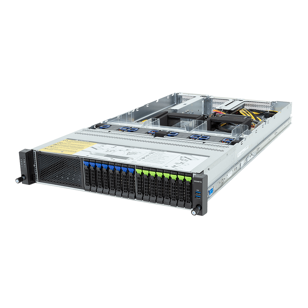 Сервер Gigabyte R283-ZF1-AAL1 (2U, 2x SP5 LGA6096, 24x DDR5-4800MHz ECC, 16x 2.5" (4x Gen5 NVMe/SATA/SAS-4, 8x SATA/SAS-4), Backplane: PCIe Gen5/SATA/SAS-4, 1x M.2 PCIe Gen3, 4x PCIe Gen5 x16 для GPU, 2x 2700W PSU, глубина 815 мм)
