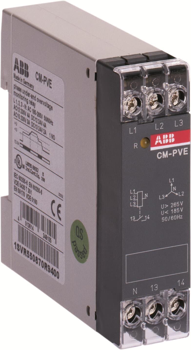 Реле контроля напряжения ABB CM-PVE, 1NO, с нейтральным мониторингом, 185–265 В AC