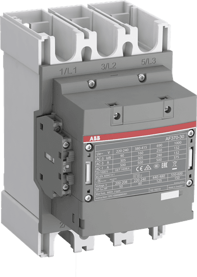 Контактор ABB AF370-30-11-13 1SFL607002R1311, 3-полюсный, номинальный ток 600 А, мощность 200 кВт, катушка 230 В AC, 3 нормально открытых контакта, напряжение до 690 В AC.