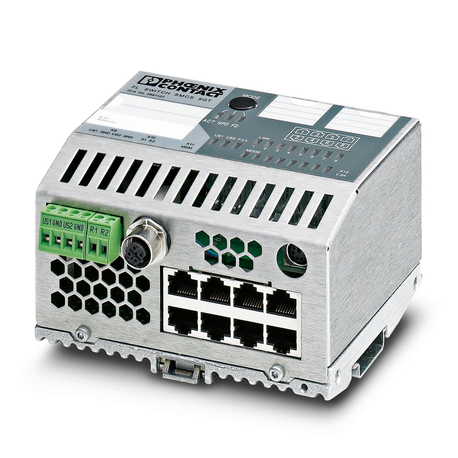 Промышленный коммутатор управляемый Phoenix Contact FL SWITCH SMCS 8GT 2891123, 8 портов 10/100/1000 Мбит/с RJ45, поддержка Auto-Negotiation и Auto-MDI/MDI-X, функции VLAN, QoS, IGMP Snooping, монтаж на DIN-рейку, питание 24 В DC