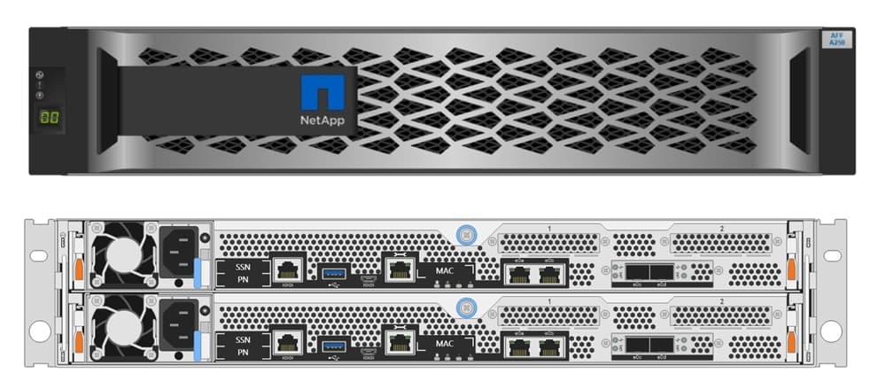 Система хранения данных NetApp AFF A250, 24 диска NVMe SSD по 15,3 ТБ, форм-фактор 2U, поддержка масштабирования до 737 ТБ сырой емкости на пару контроллеров